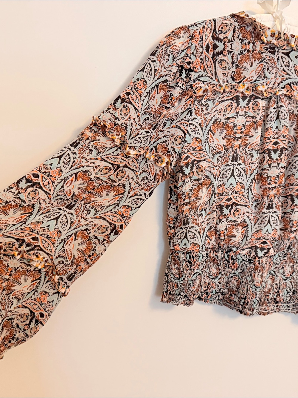Anthropologie Floral V-Neck Smocked-Waist Blouse in Tangrine and Cream - Picture 3 of 6